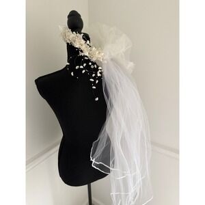 Vintage Bridal Wedding Veil Tiara Crown Headband Pearl floral 25" long